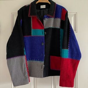 Vintage 80s Koret Patchwork Blazer Jacket Lightweight Black Blue Red Plaid Large